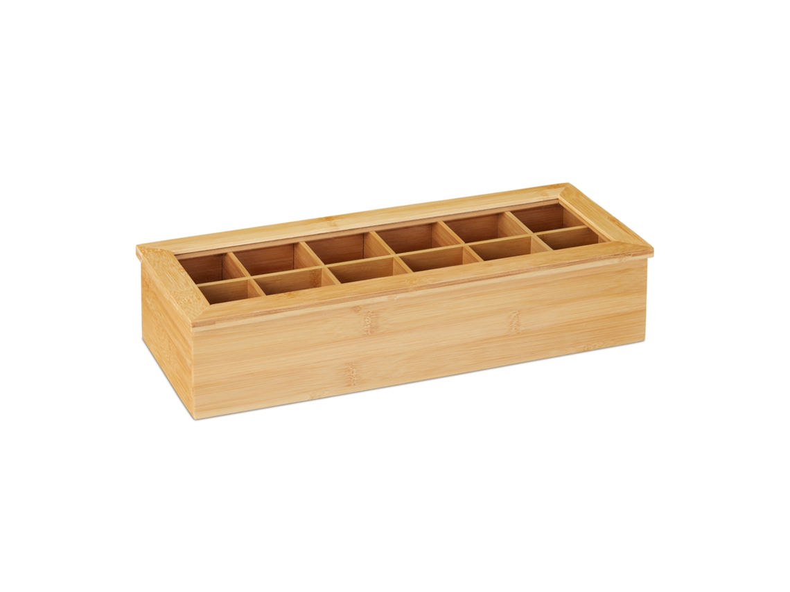 Relaxdays Caja Té, Bambú, 12 Compartimentos, Cajita Infusiones Con Ventana, Organizador Bolsas Té 9x41x16 Cm, Natural
