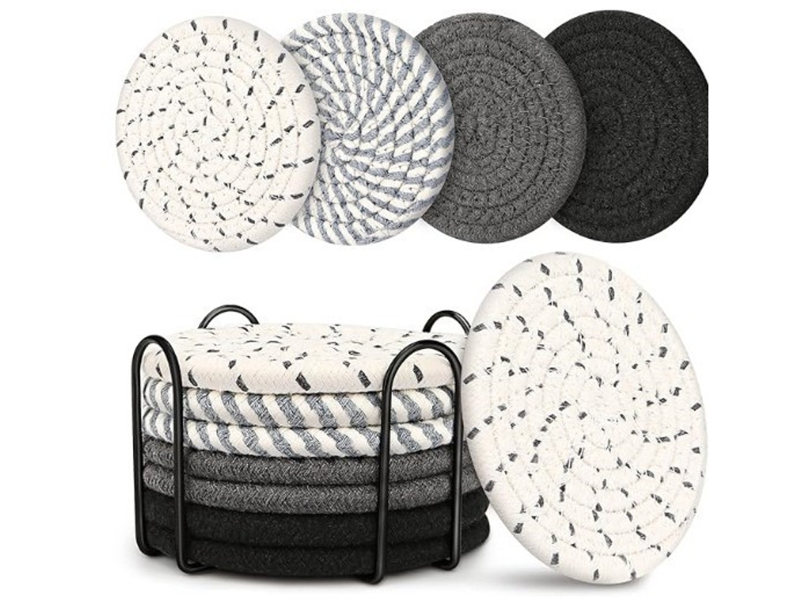 Juego de 8 manteles individuales de algodón absorbente negro con soporte, 11 cm, Dureforward