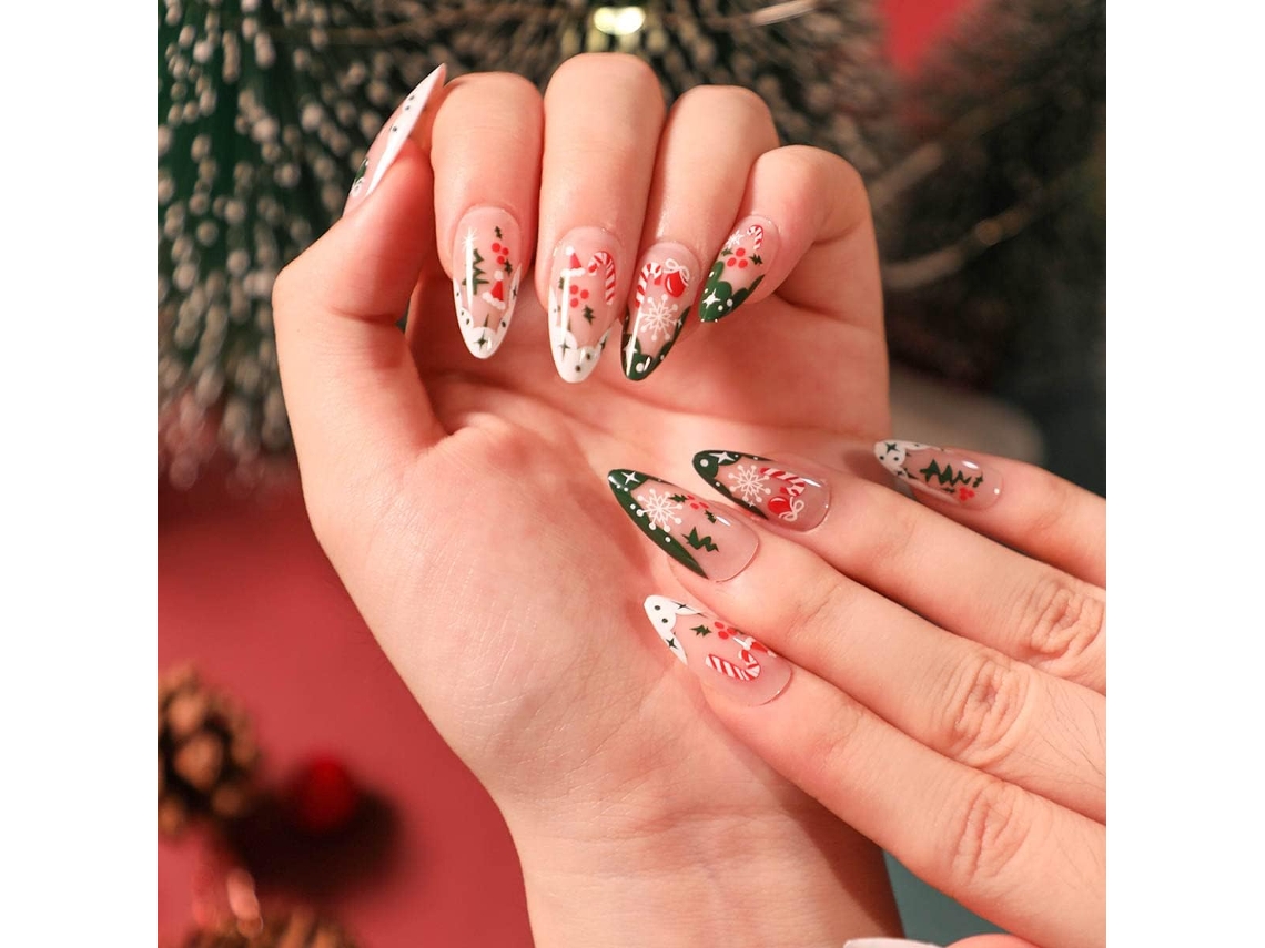 24 juegos de uñas postizas francesas, Blancanieves, Rayas rosas, Cuadrícula, Árbol de Navidad, Acrílico, Ballet, Mujeres Niñas C