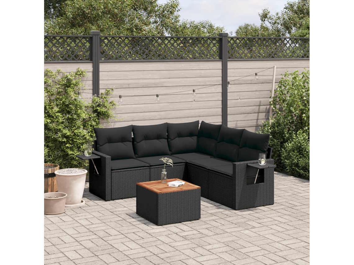 Conjunto de sofá de jardín de 6 piezas con cojines, mimbre sintético negro, DKD Home Decor