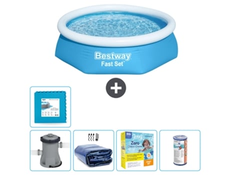 Piscina hinchable redonda Fast Set BESTWAY - 244 x 61 cm - Azul - Bomba incluida Vela solar - Paquete de mantenimiento - Filtrar - Baldosas