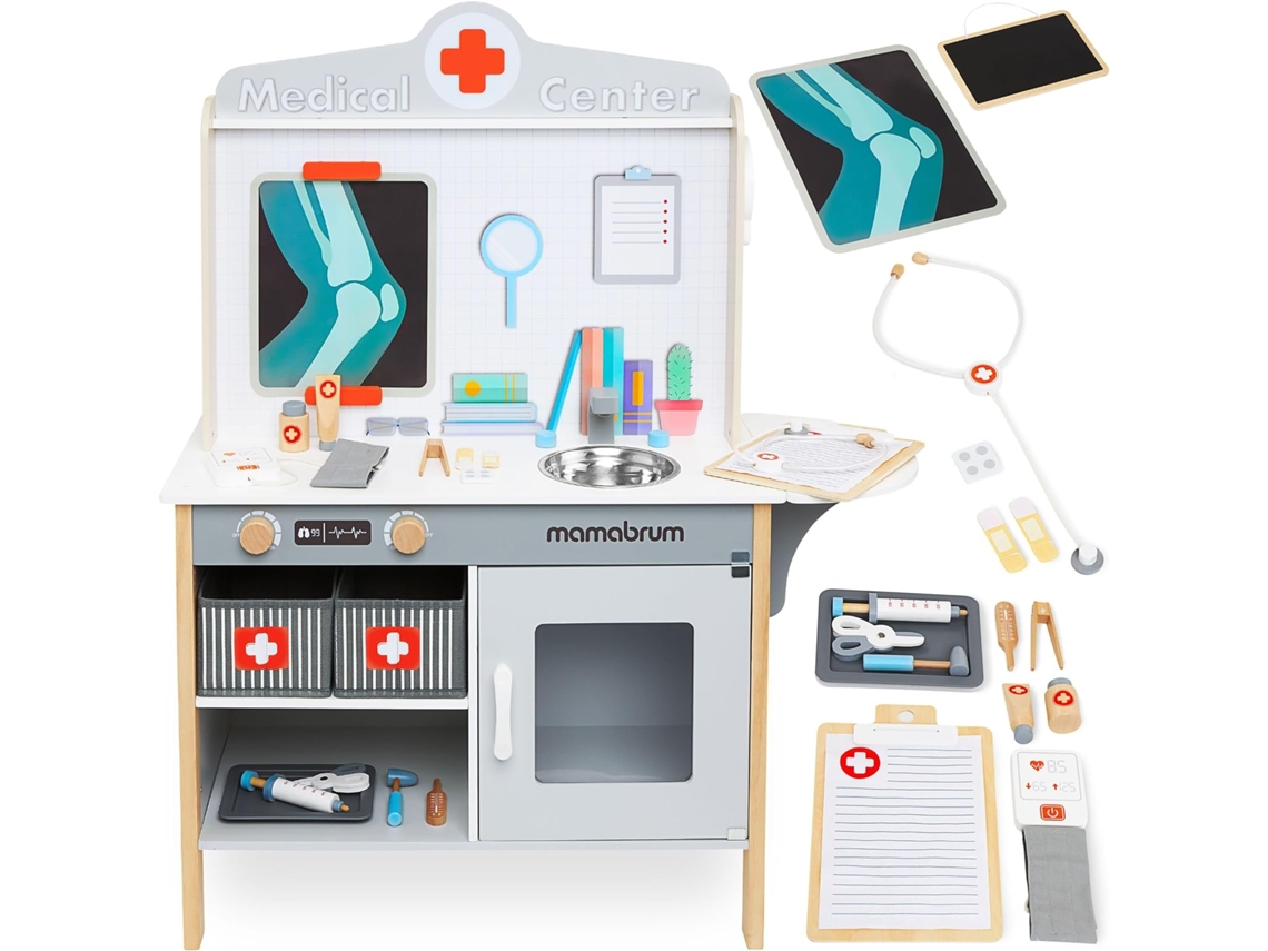 Gabinete médico de juguete de madera de imitación con 20 accesorios para médico - Juegos de médico - Enfermería - Gabinete de atención hospitalaria MAMABRUM