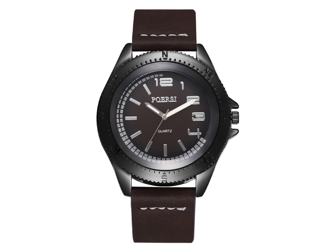 Reloj De Cuarzo Para Hombre Con Correa De Cuero Pu Estilo Casual De Negocios Dial Grande Redondo Marrón Oscuro