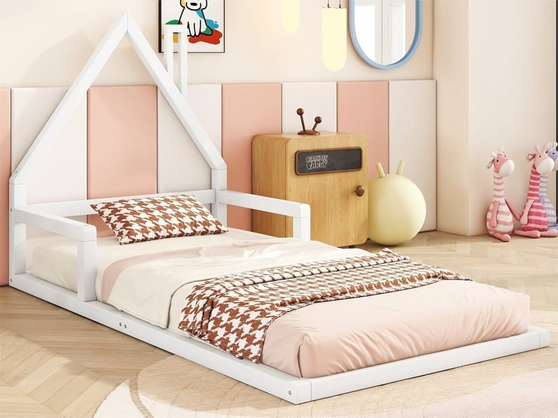 Cama Infantil 90x200 Cm - Cama Plana En Forma De Casa, Madera Maciza De Pino, Diseño Sencillo - Blanco