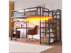 Cama Alta De Metal De 140x200 Con Almacenamiento, Armario, Estante, Red Y Luz Led Negra.