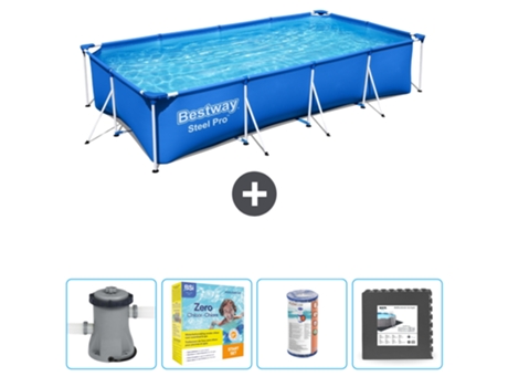 Piscina BESTWAY Rectangular Steel Pro - 400 x 211 x 81 cm - Azul - Bomba incluida Paquete de mantenimiento - Filtrar - Baldosas