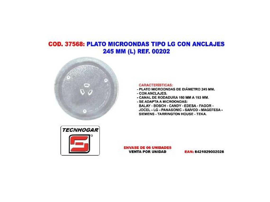 Plato microondas tipo lg con anclajes 245 mm (l) ref. 00202