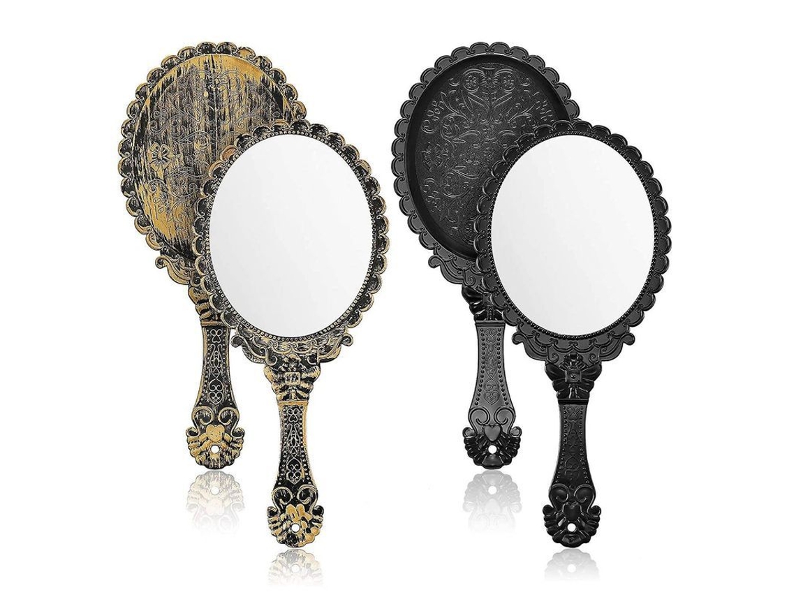 Juego De 2 Espejos De Mano, Diseño Retro Con Mango Decorado, Espejo Ovalado Portátil Para Maquillaje Y Peluquería.