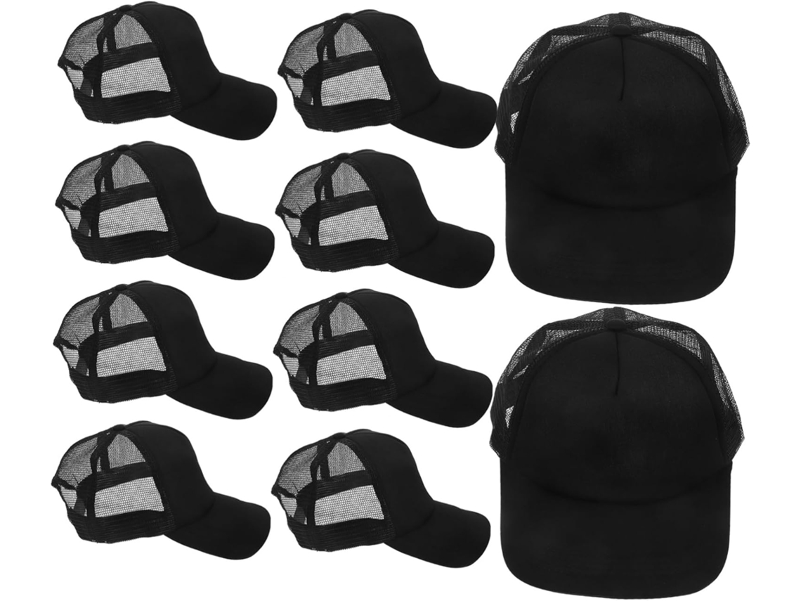 Paquete de 10 gorras de béisbol negras de malla, estilo deportivo.