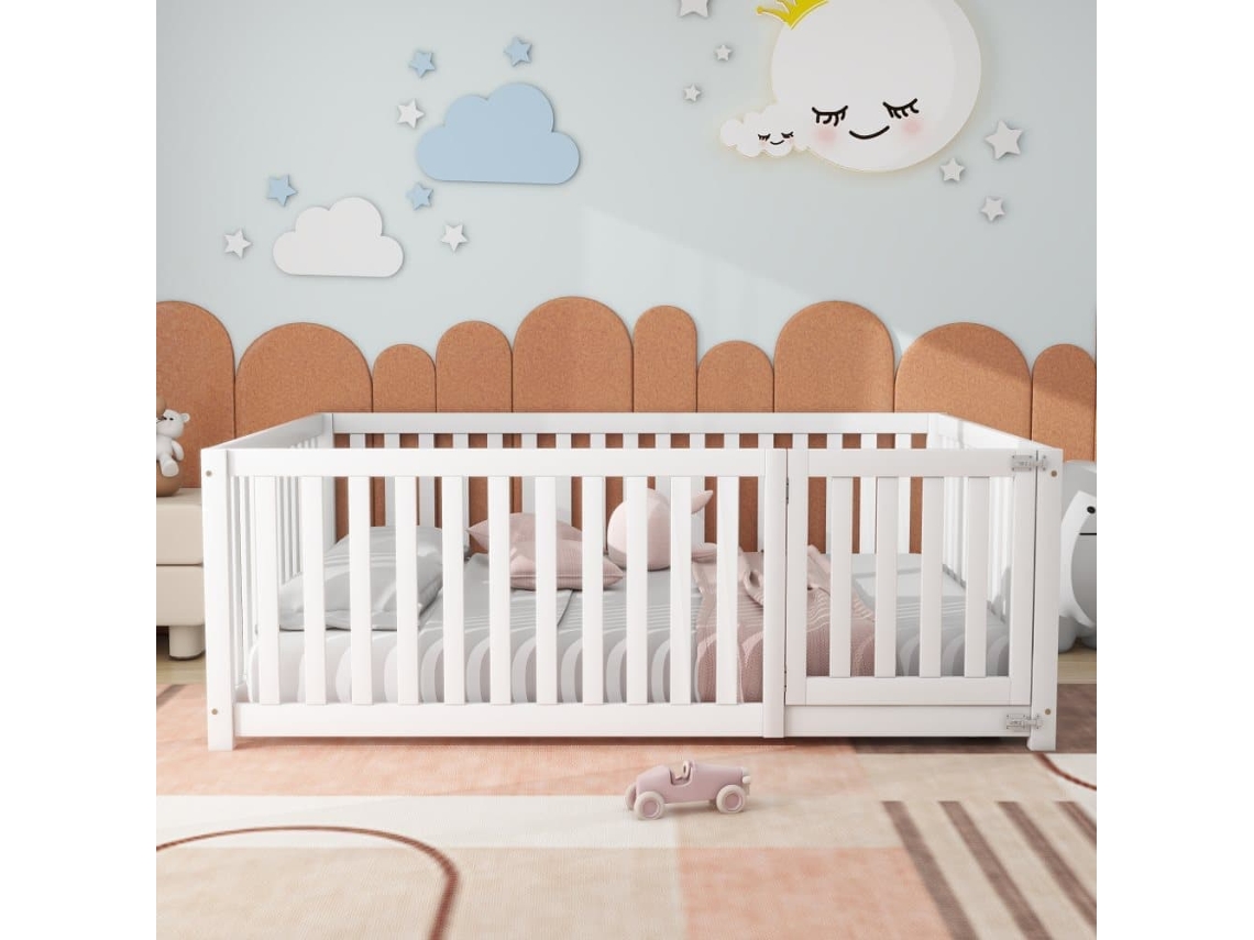 Cama Infantil 140x200cm De Madera Maciza Con Barrera De Seguridad - Blanco