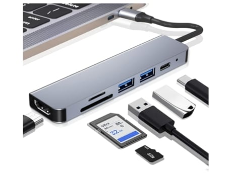 Adaptador Usb C 6 En 1 2110C Con Usb 3.0 Hub Sd/Tf Pd Lector De Tarjetas 100W Gris