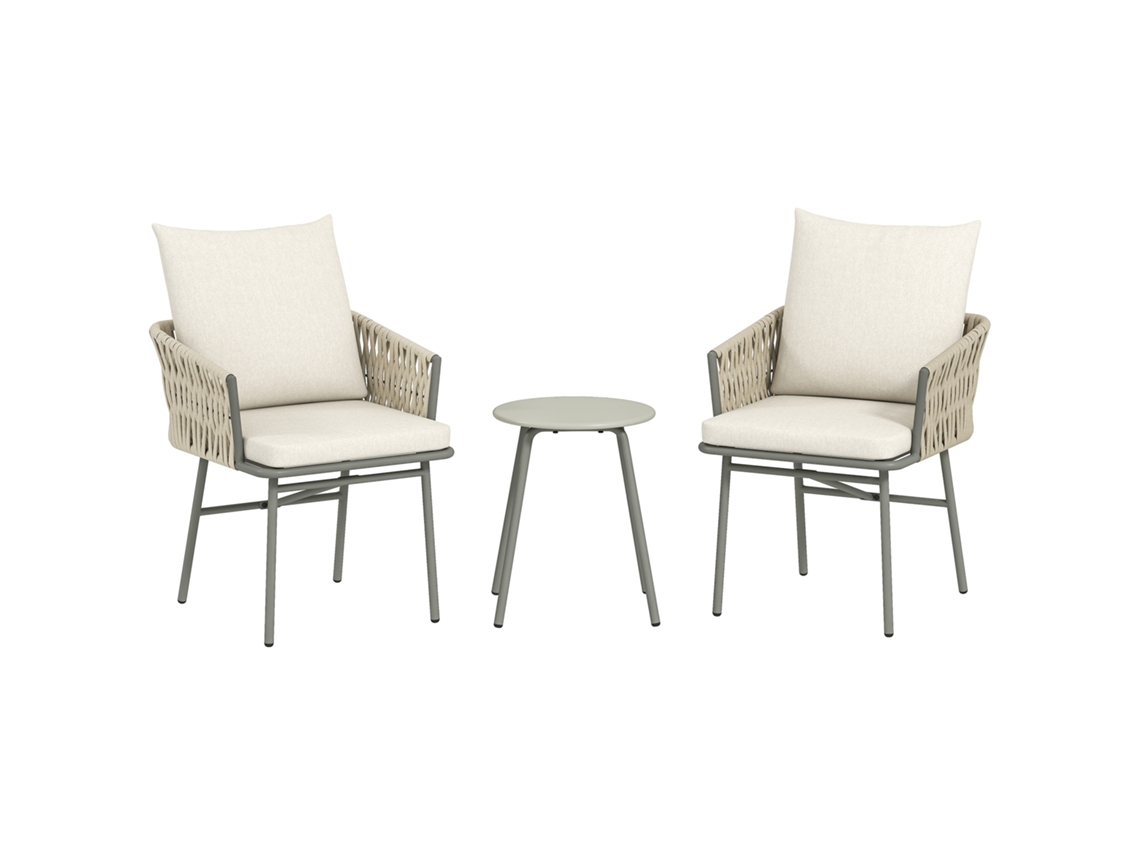 Conjunto De Muebles De Ratán Con 2 Sillas Y Una Mesa Con Tablero De Metal Gris.