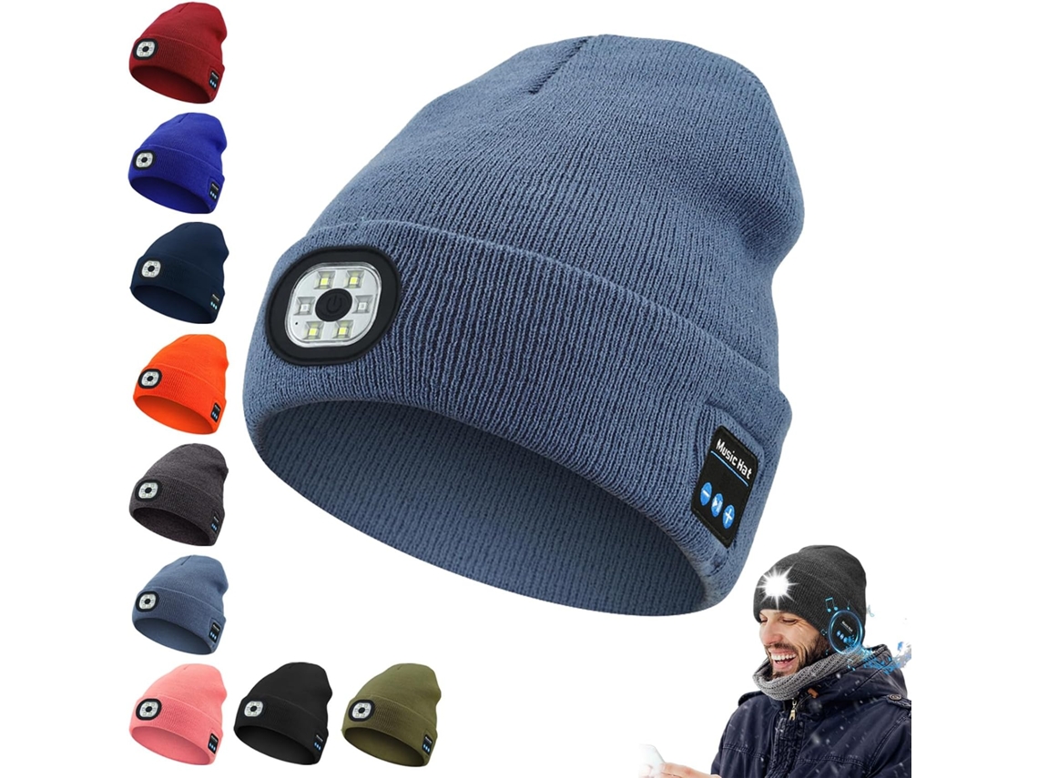 Gorro Com Fone Chrui De Ouvido Bluetooth 3 Em 1, 6 Luzes Led E Recarga Usb (cinza E Azul)