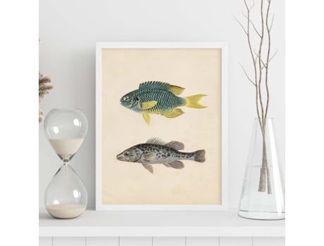 Póster NACNIC de Dos Peces Azul y Amarilo y Gris Moteado en , Fondo Papel Vintage.