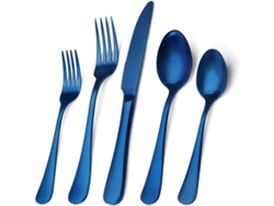 Juego de cubiertos de acero inoxidable, 5 piezas, utensilios de cocina, aptos para lavavajillas, diseño moderno, azul.