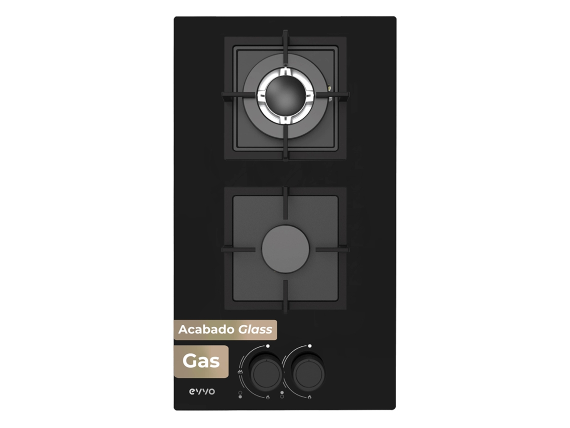 Placa de gas Evvo V35 de cristal, 2 fuegos, 3,6 kW, gas natural/butano, cristal templado