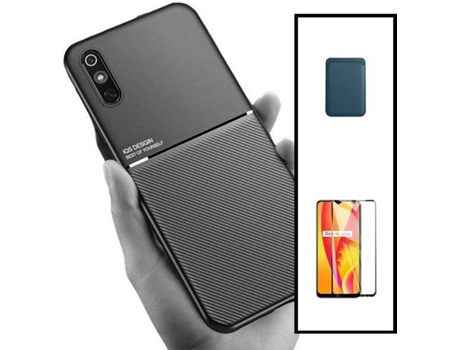 Kit Funda Magnetic Lux, Magnetic Wallet Azul y 5D Full Cover Xiaomi Redmi 9A Sport PHONECARE Negro