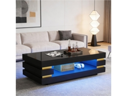 Mesa De Centro De 100x50x35 Cm Con Iluminación Led Calada, Tablero De Partículas Negro.