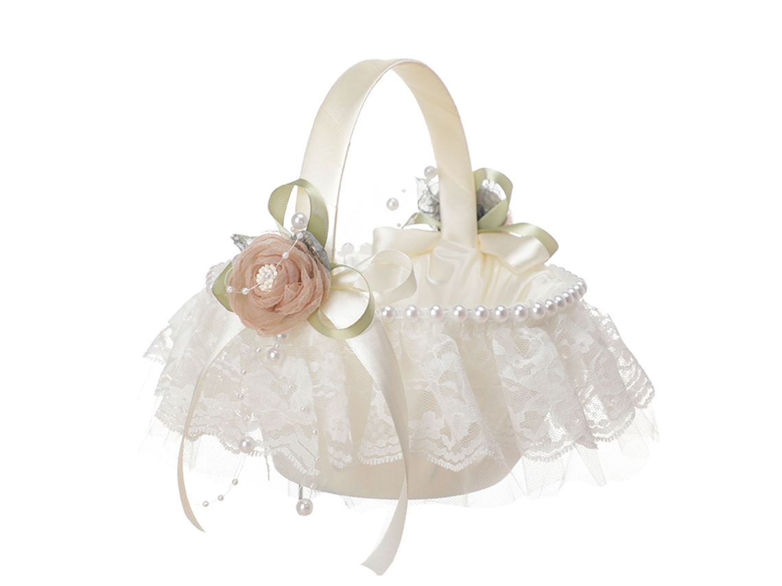Cesta Para Niña De Las Flores Con Flores De Encaje Y Perlas Para La Fiesta De Bodas.