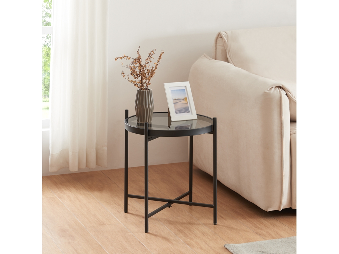 Mesa auxiliar Lier redonda cristal templado metal 46xØ42cm - Negro [EN.CASA]