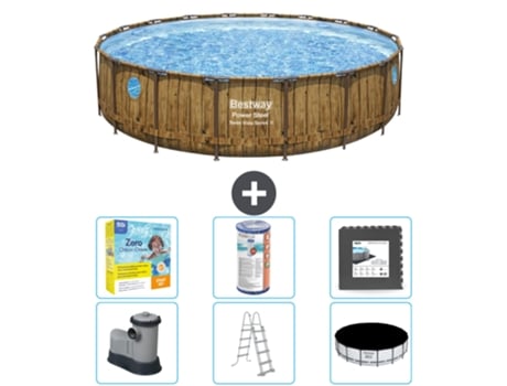 Piscina BESTWAY Round Power Steel Swim Vista - Impresión en madera - 549 x 122 - Incluye bomba - Escalera - Cubierta Accesorios CB35
