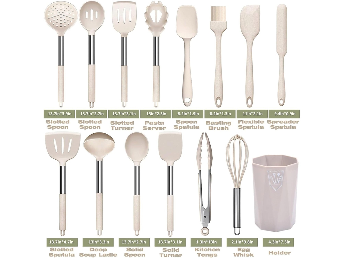 Utensilios de cocina de silicona de 43 piezas con mango de acero inoxidable, juego de color caqui, chrui