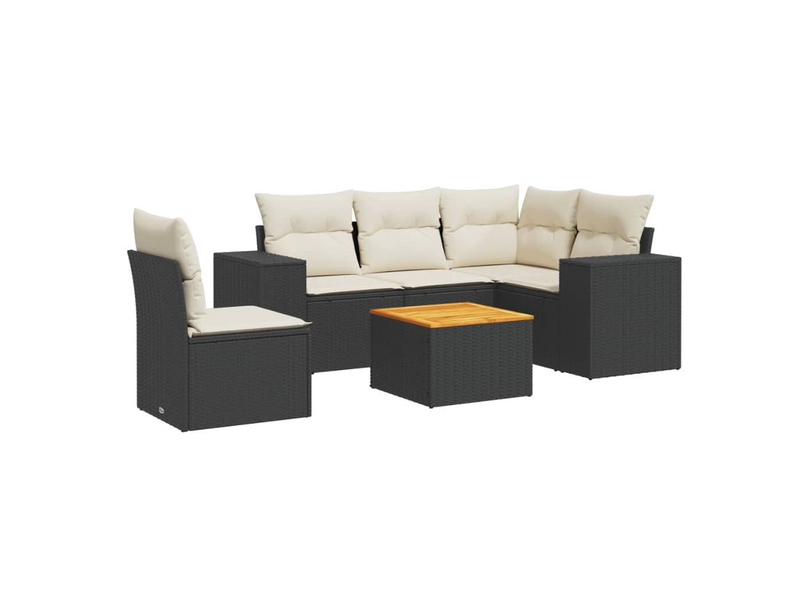 Conjunto de sofá de jardín de 6 piezas con cojines de mimbre, negro, EXCLUSIVO DE LA CASA (6 piezas)