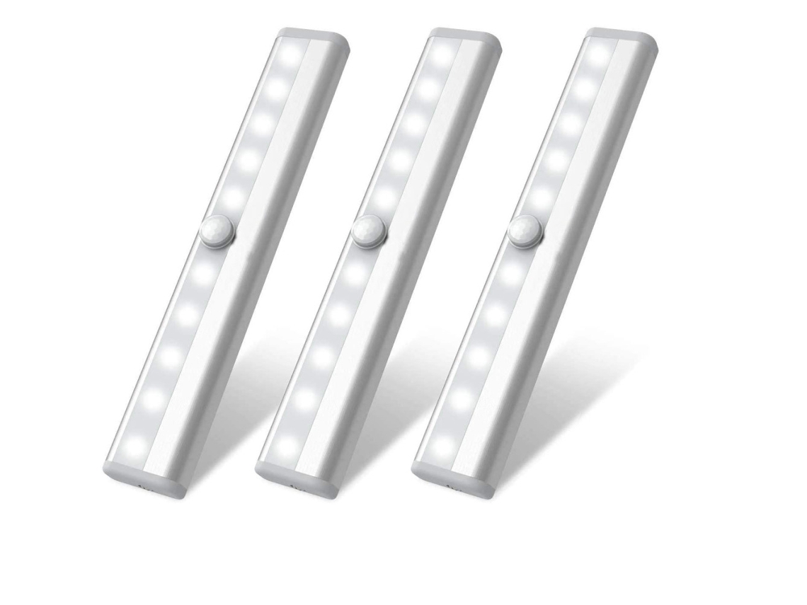 Conjunto de 3 Luzes Noturnas com Sensor de Movimento Infravermelho 10 Leds Recarregável Branco Quente