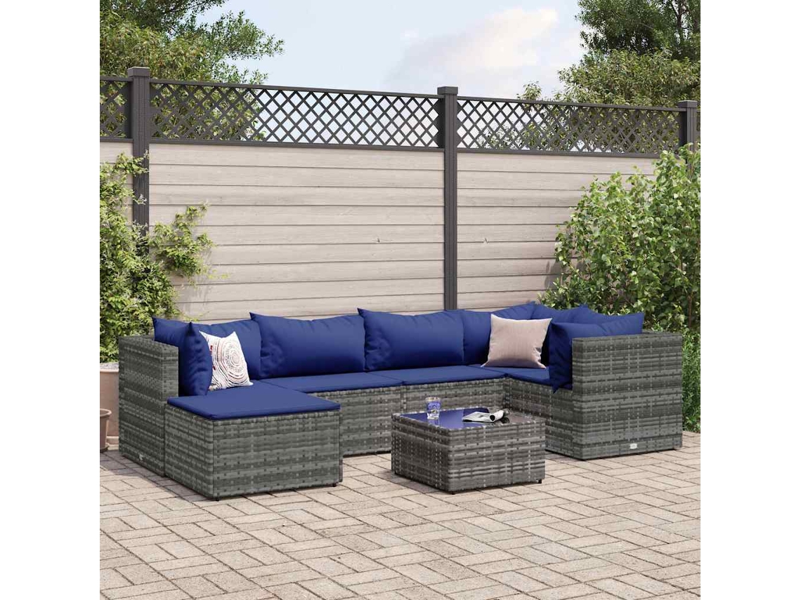 Conjunto de jardín de 7 piezas con cojines, ratán gris, DKD Home Decor