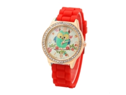 Reloj De Muñeca Femenino Con Dial Redondo, Patrón De Búho Y Strass, Correa De Silicona Rojo
