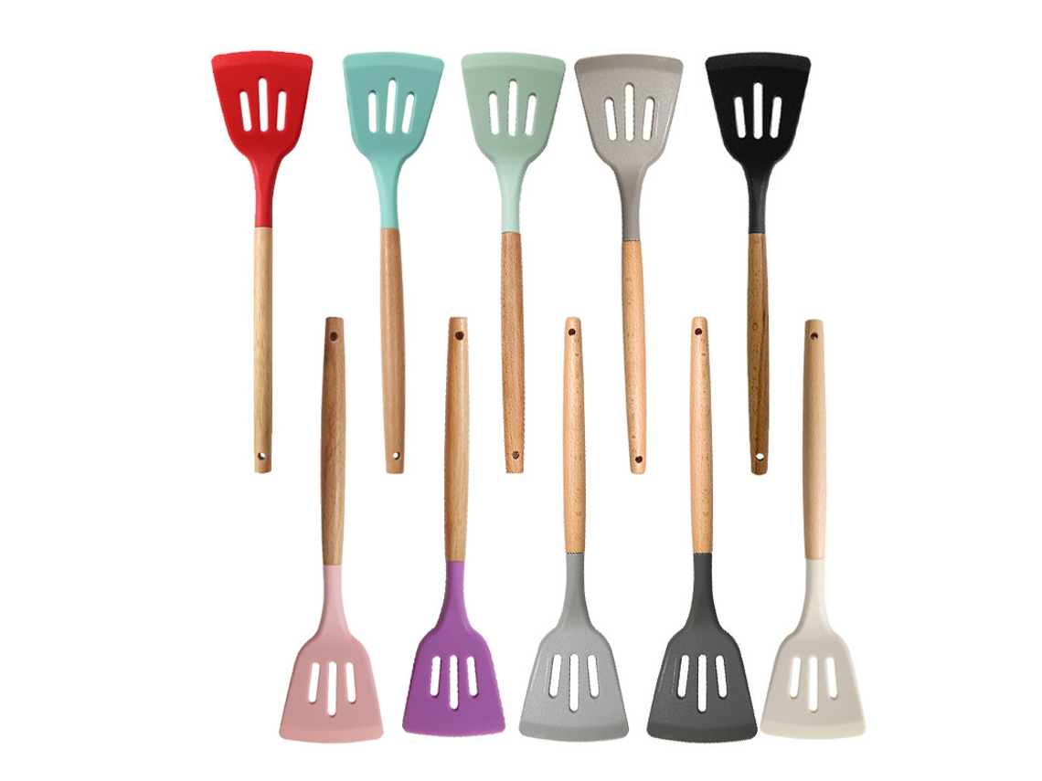 Utensilios De Cocina Espátula De Silicona Con Ranura Y Mango De Madera 1 Pieza Off White Yuysan