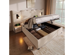 Sofá Cama Acolchado 180x200cm Con Luz De Lectura 360° Y Puertos Usb Tipo C, Base Con Baúl Hidráulico, Beige