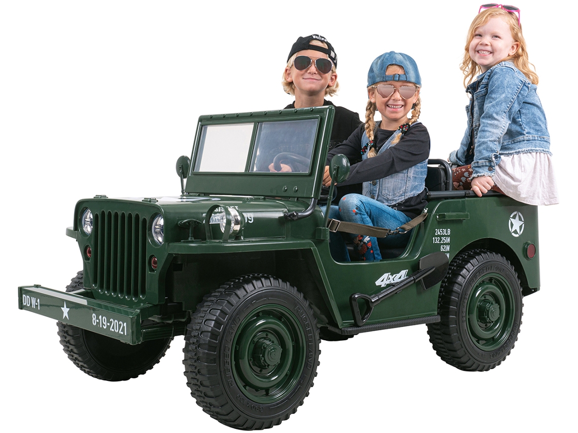 Jeep Willys, coche eléctrico infantil, 3 asientos y 3 cinturones de seguridad, pala, rueda de repuesto, suspensión, tracción a las cuatro ruedas (4x4), luces LED.