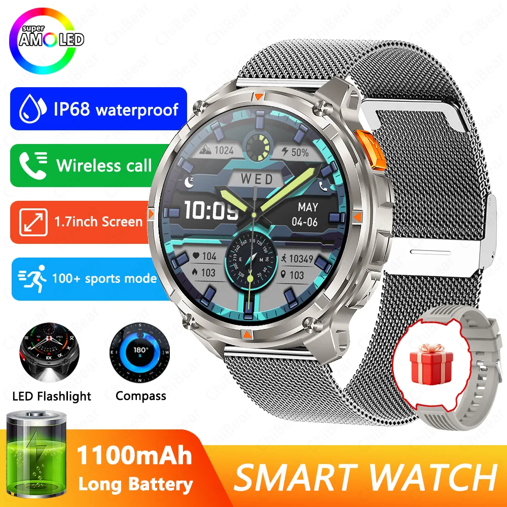 Reloj Inteligente (con Correa De Malla Plateada) Con Gps, Resistente Al Agua, Llamadas Bluetooth Y Pantalla Grande De 1,7 Pulgadas.