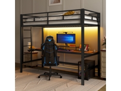 Cama Alta De Metal De 90x200 Con Barandilla, Escalera, Mesa, Usb, Led En747 Negra