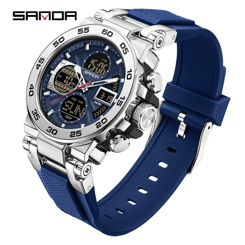 Reloj De Hombre Multifuncional Con Cronógrafo, Alarma Y Doble Pantalla (azul Plateado) Resistente Al Agua.