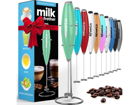 POWERLIX Espumador de Leche Eléctrico de Mano Batidora Leche Espuma Con Soporte de Acero Inoxidable 15-20S Potente 19000 Rpm Batidor para Café