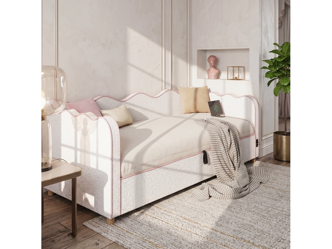 Sofá Cama Daybed 90x200 Cm - Almacenamiento Hidráulico, Usb, Respaldo, Tapizado Bouclé - Beige