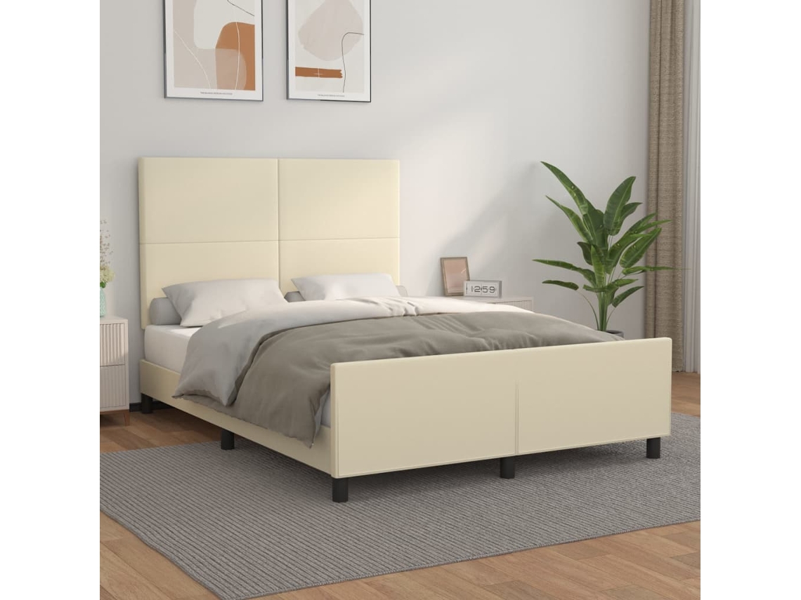 Cama De Matrimonio | Cama Para Adultos | Estructura De Cama Sin Colchón Cuero Sintético Crema 140x190 Cm