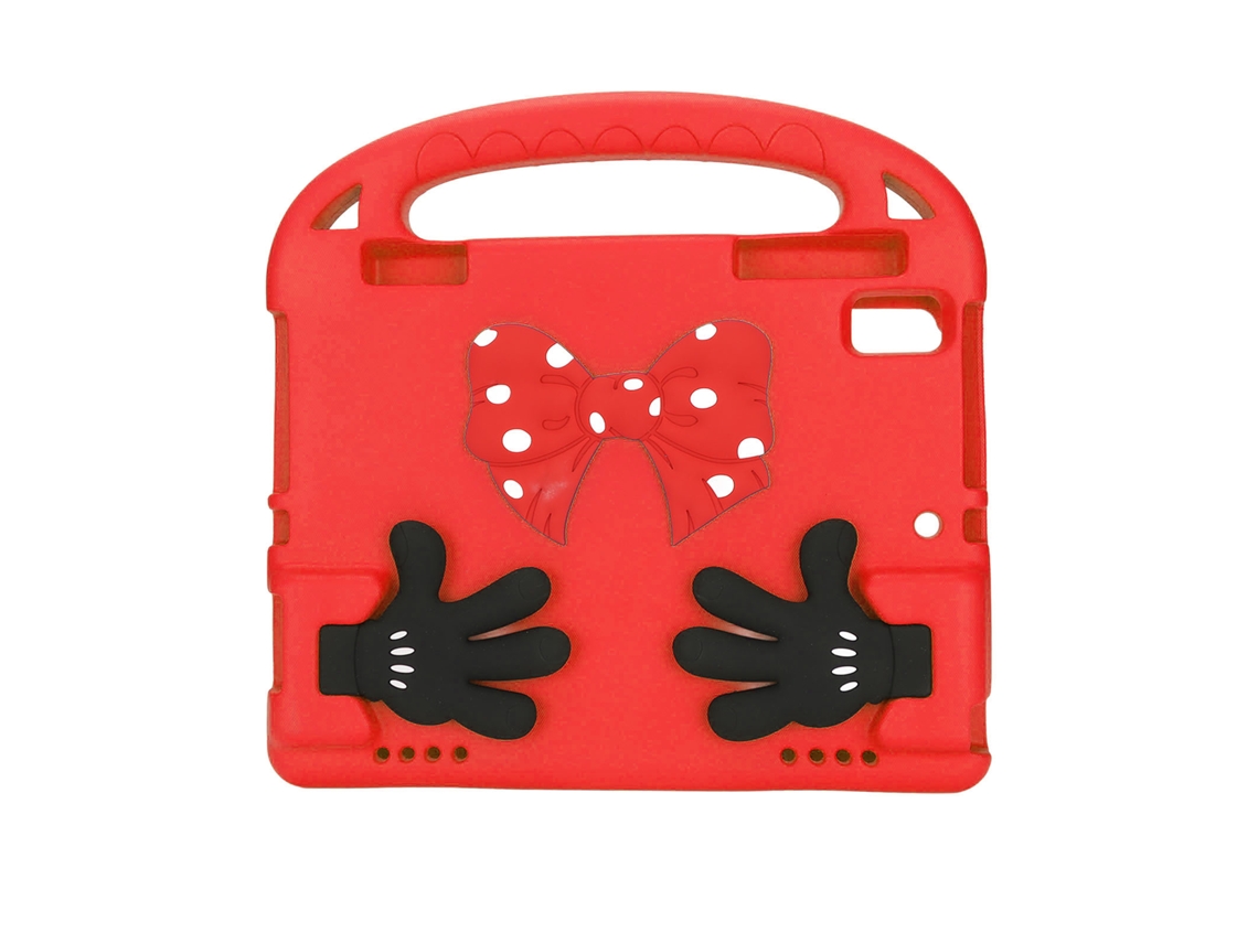 Funda universal antideslizante para tablet infantil con dibujos animados y reposamanos, color rojo y dorado claro.