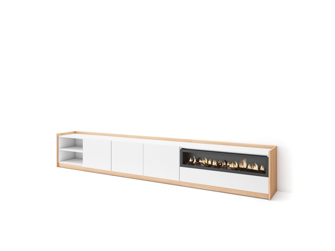 Mueble para TV, 310x37x50cm, para televisores de hasta 80'', chimenea eléctrica, blanco y roble claro.