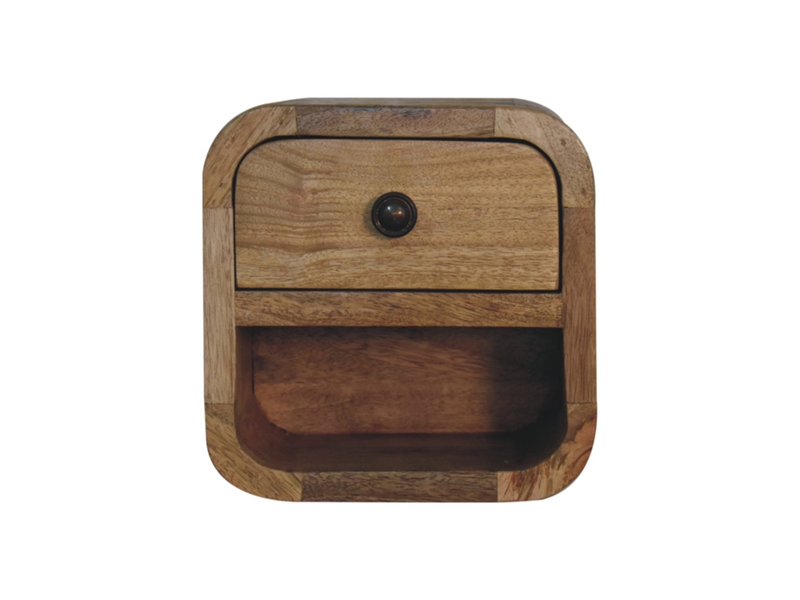 Cómoda Extra Mini de Madera Maciza con Acabado en Roble, con Compartimento Abierto, 1 Cajón y 1 Estante, Muebles Artesanales Marrón