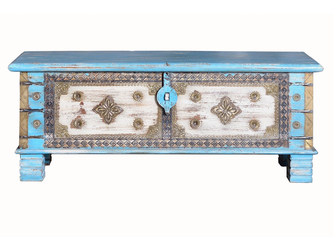 Baúl madera de mango en azul envejecido azul.GINER Y COLOMER 45x40x116