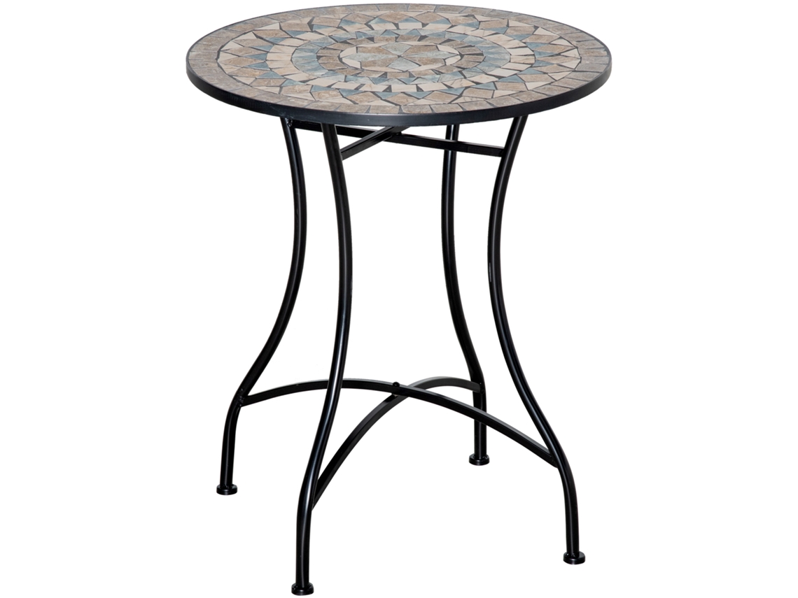 Mesa de jardín de 60 cm de diámetro, de metal, color verde/beige/blanco.