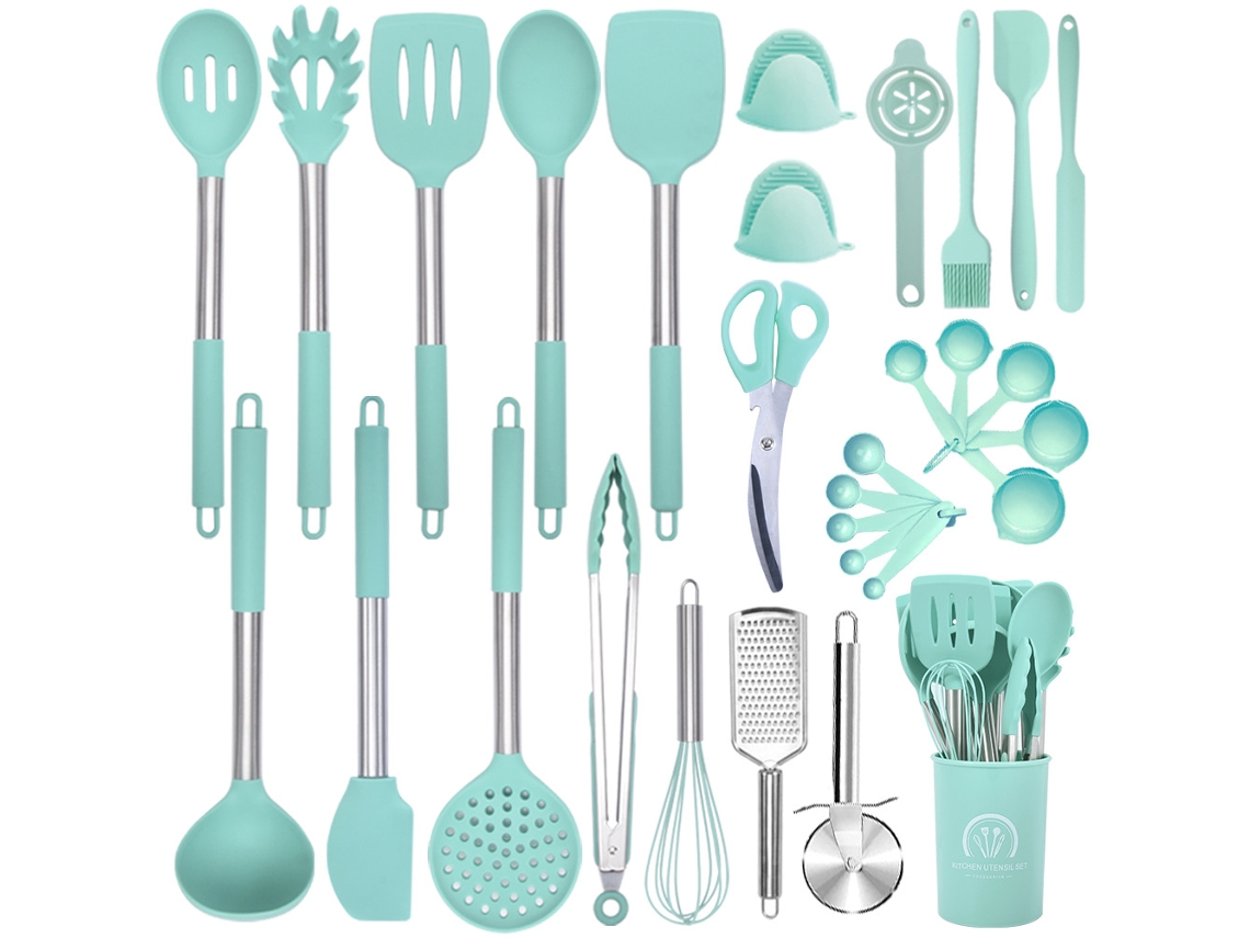 Juego De Utensilios De Cocina De Silicona Resistentes Al Calor De 30 Piezas Con Mangos De Acero Inoxidable Para Cocinar Y Hornear Negro Cuich