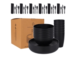 JILLIOPER Bol de paja de trigo negro, recipiente, vaso, cubiertos de plástico y juego de 28 piezas para regalo