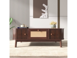 Mesa De Centro - Rattan, Con Cajones Y Puertas Correderas De Madera Maciza, Patas De Madera Maciza, Estilo Rústico Natural