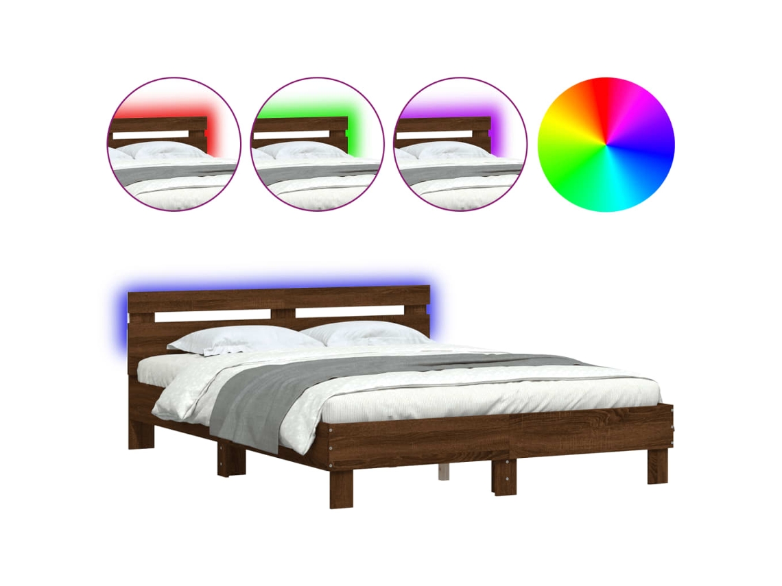 Maison Exclusive - Estructura De Cama Cabecero Y Luces Led Marrón Roble 140x190 Cm