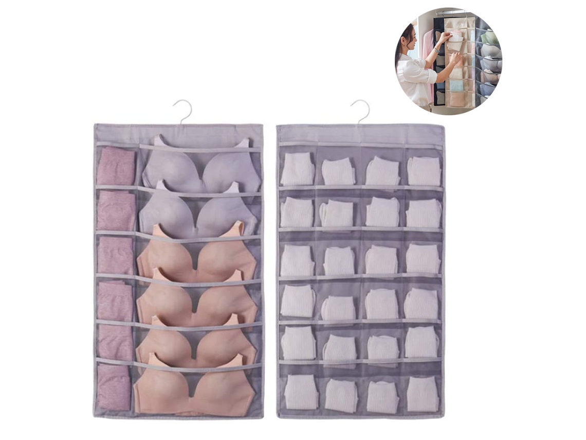 RNEMITERY Bolsa de Almacenamiento Colgante con Percha Metálica, Organizador de Doble Cara para Ropa Interior, Medias, Sujetador y Calcetines (12+24 Bolsillos)