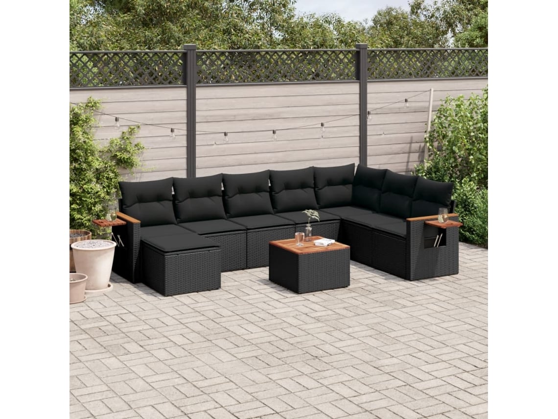 Conjunto de sofás de jardín de 9 piezas DKD Home Decor con cojines de mimbre negros